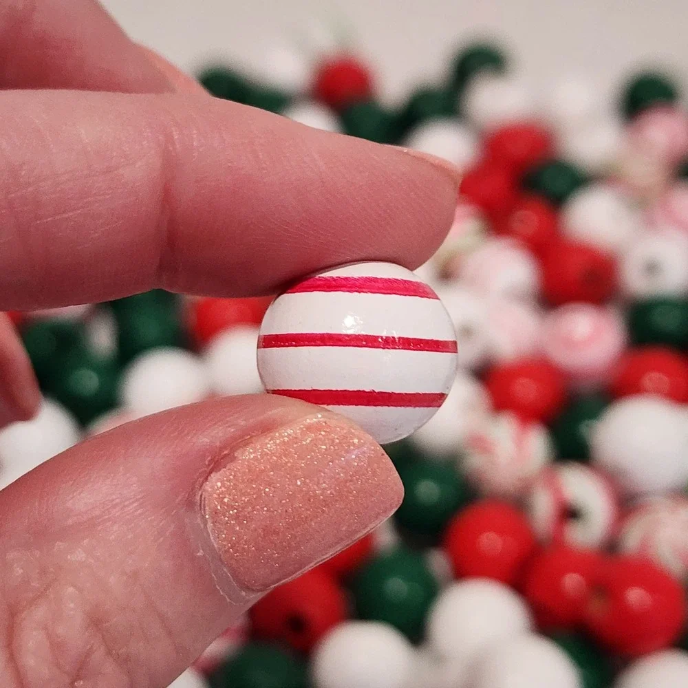 Christmas Wooden Beads Red Green White Peppermint Stripe Spiral Bulk Craft Lot